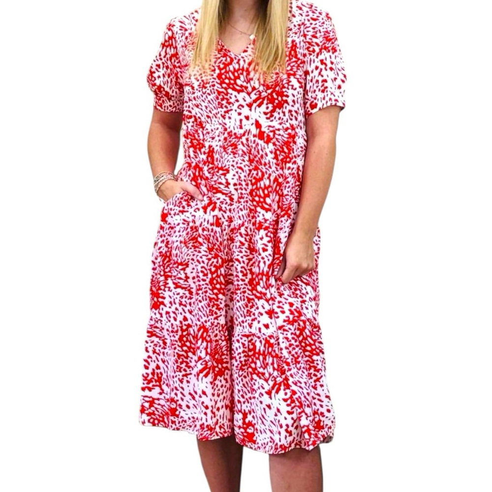 Jodifl Womens Large Animal Print Dress V Neck Pockets Lined Red White NWT - Picture 8 of 14